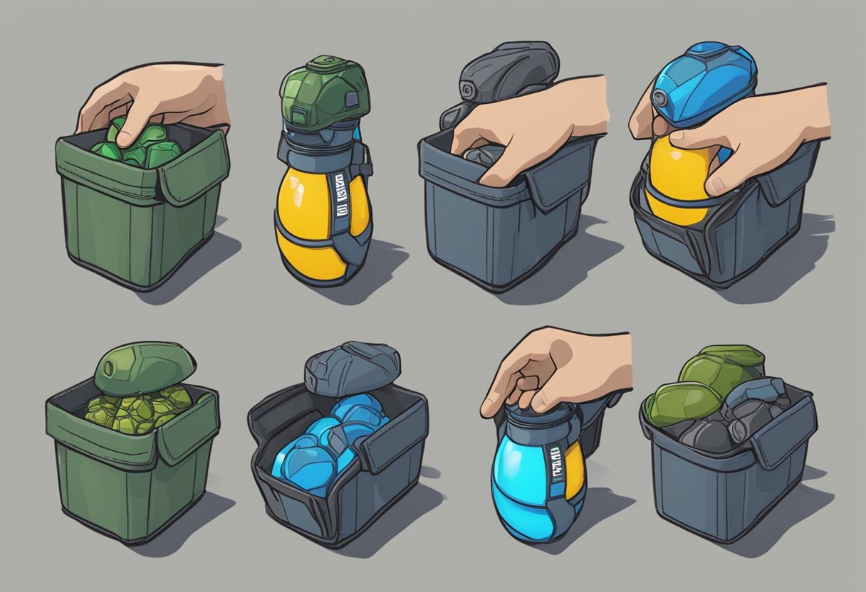 A hand reaches for a pouch of grenades, selecting and swapping between different types in Halo Infinite