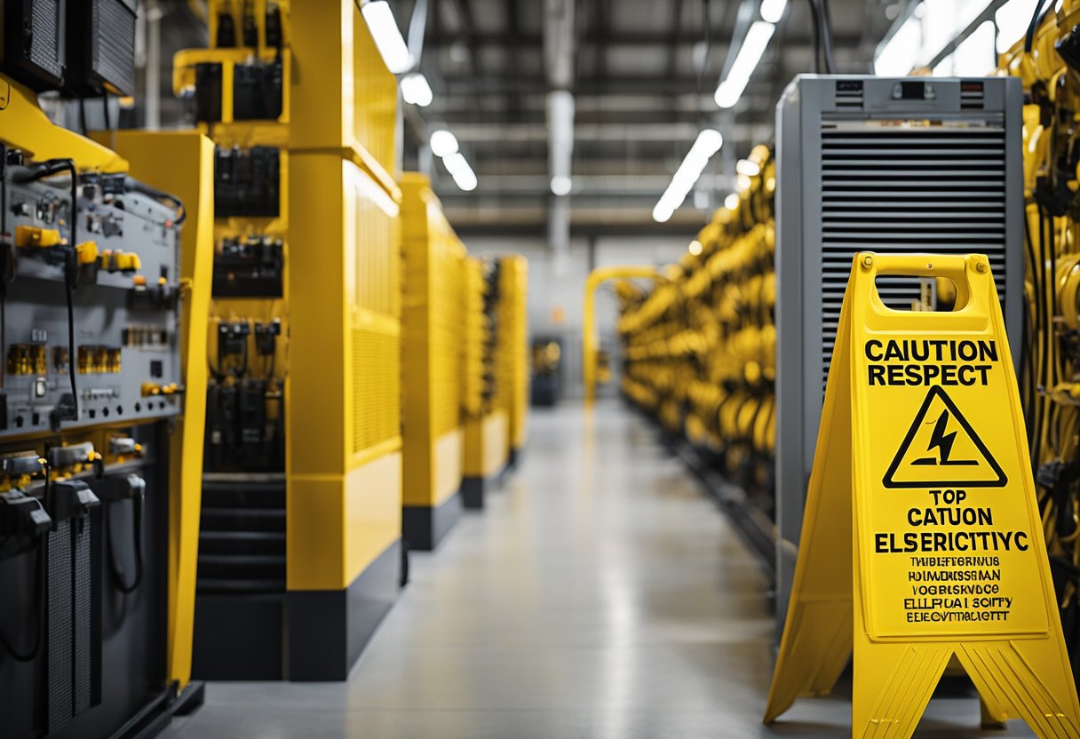 A bright yellow caution sign with bold black lettering stands against a backdrop of electrical equipment. The sign reads "Understand and Respect Electricity: Top 10 Electrical Safety Rules."