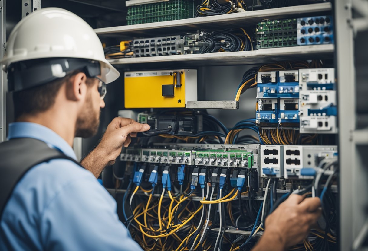 A technician inspects a work area, noting exposed wiring, overloaded outlets, and damaged cords. They label hazards and implement safety measures