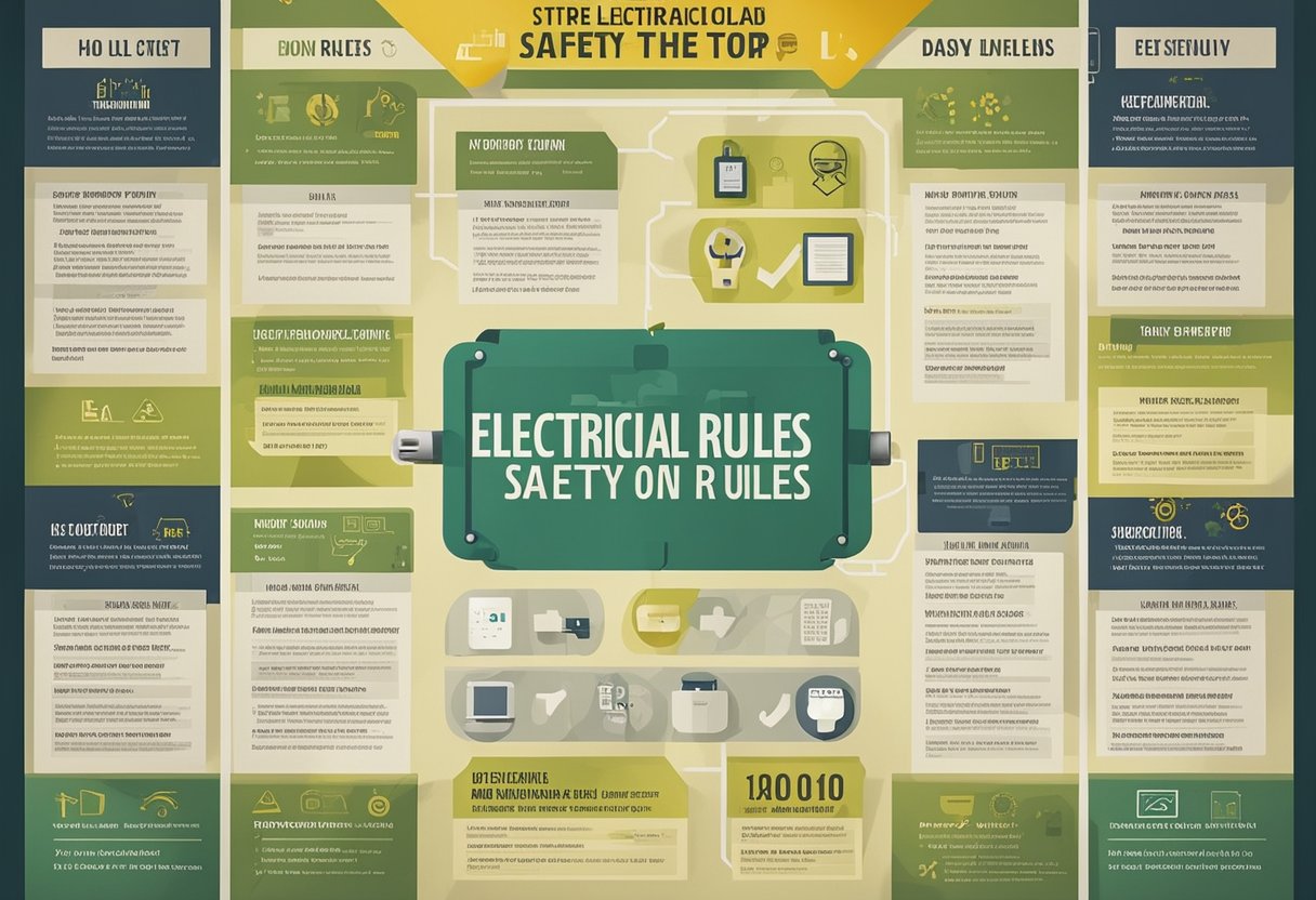 A list of the top 10 electrical safety rules displayed on a poster with clear and bold text, accompanied by simple and easy-to-understand illustrations for each rule