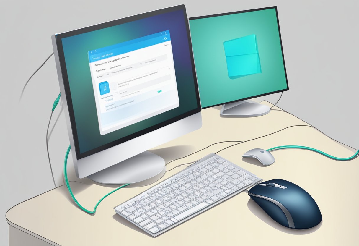 A computer mouse connected to a PC with a cable. A settings menu on the screen shows options to adjust the mouse polling rate