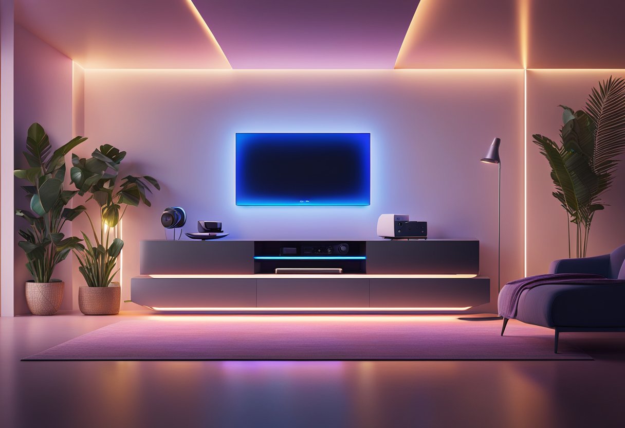 The PS5 console sits on a sleek, modern entertainment center. The lightbar glows in a vibrant color, casting a soft, ambient glow in the dimly lit room