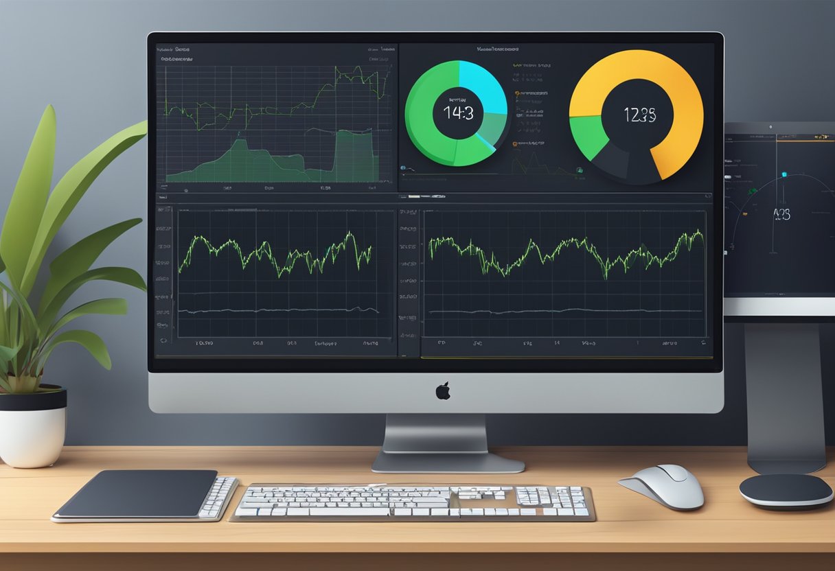 A computer monitor displaying a CPU performance monitoring software with a graph showing fluctuations in processing speed