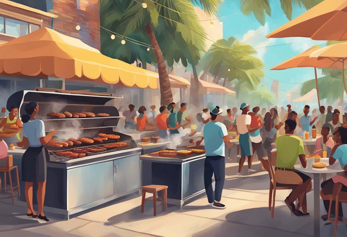 A bustling outdoor BBQ joint in Miami, with smoke billowing from the grill and people enjoying delicious, sizzling ribs and juicy burgers