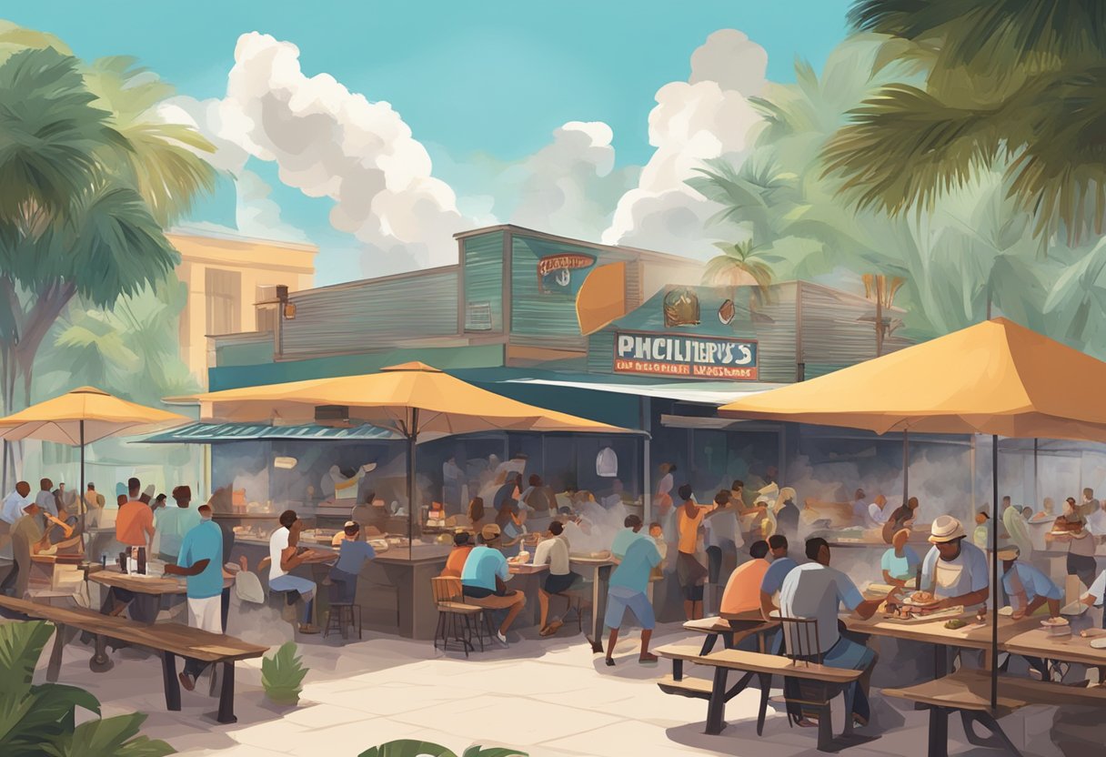 A bustling outdoor BBQ joint in Miami, with smoke billowing from the grill and customers enjoying mouthwatering ribs and brisket at picnic tables