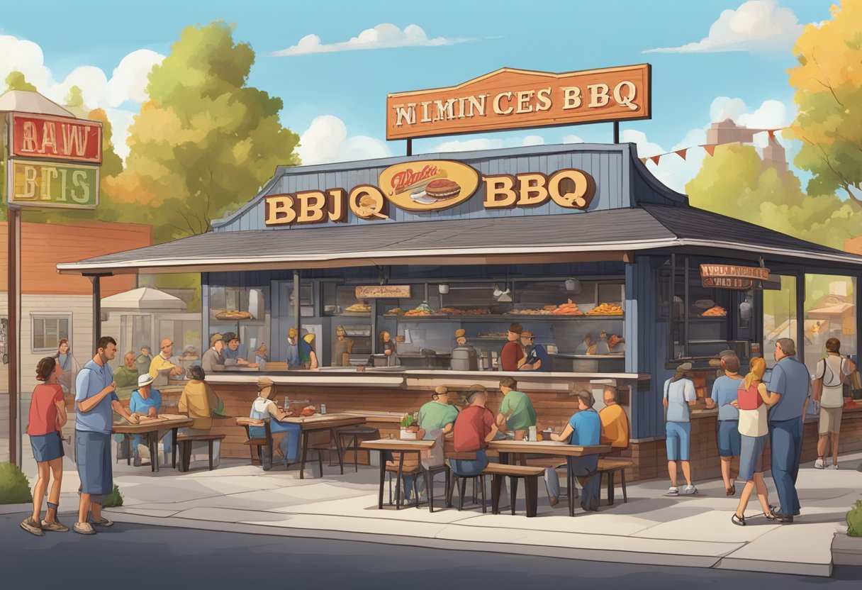 A bustling outdoor BBQ joint with smoke billowing from the grill, customers enjoying ribs and brisket at picnic tables, and a colorful "Award-Winning BBQ Spots" sign hanging above the entrance