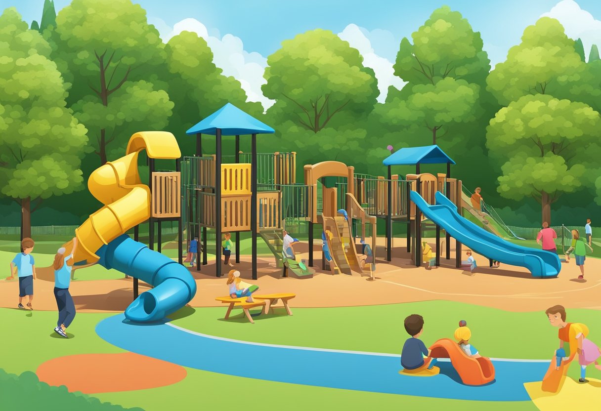A playground with colorful slides, swings, and climbing structures surrounded by lush green trees and picnic areas in Bellevue, Washington