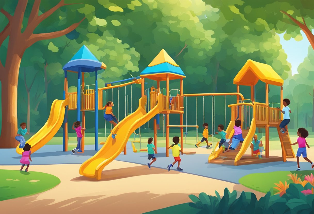 Children playing on swings, slides, and jungle gyms in a vibrant park setting with green trees and colorful playground equipment