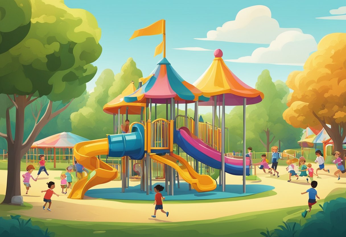Children playing in a colorful playground with slides, swings, and a merry-go-round. Nearby, a spacious grassy field for running and games. Tall trees provide shade and a sense of adventure