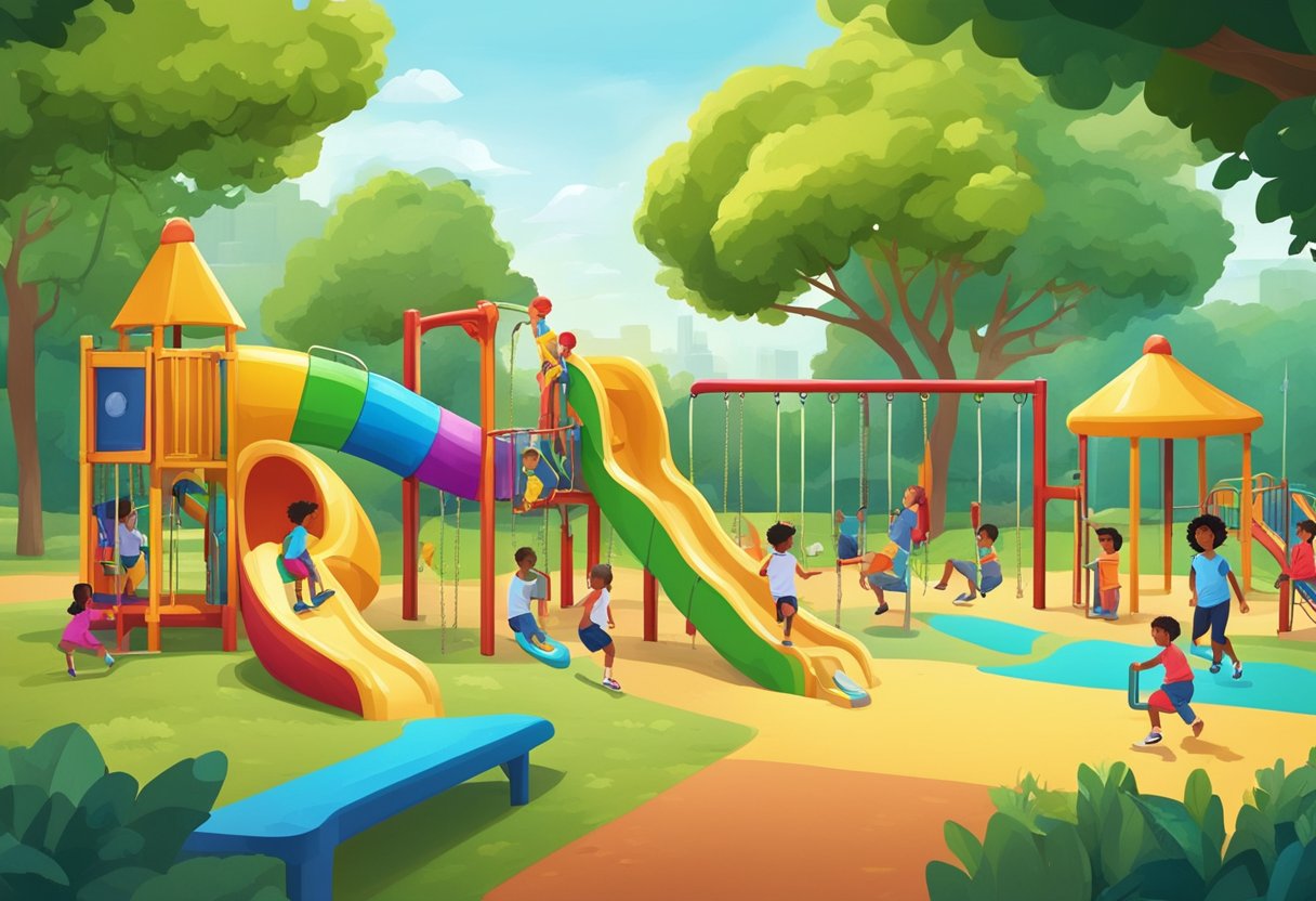 Children playing on swings, slides, and jungle gyms in a vibrant park surrounded by lush greenery and colorful playground equipment