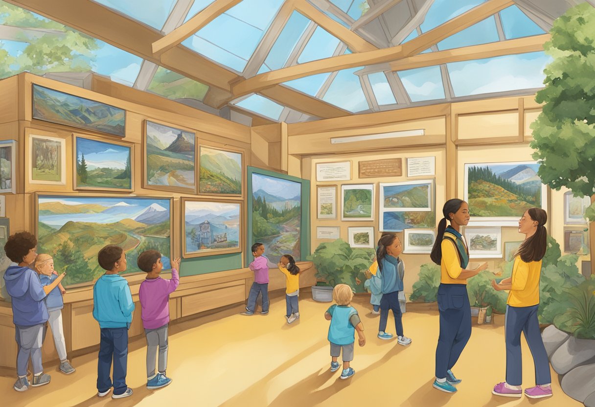 Bright museum exhibit with interactive displays and educational signage, surrounded by curious children and families in Issaquah, Washington