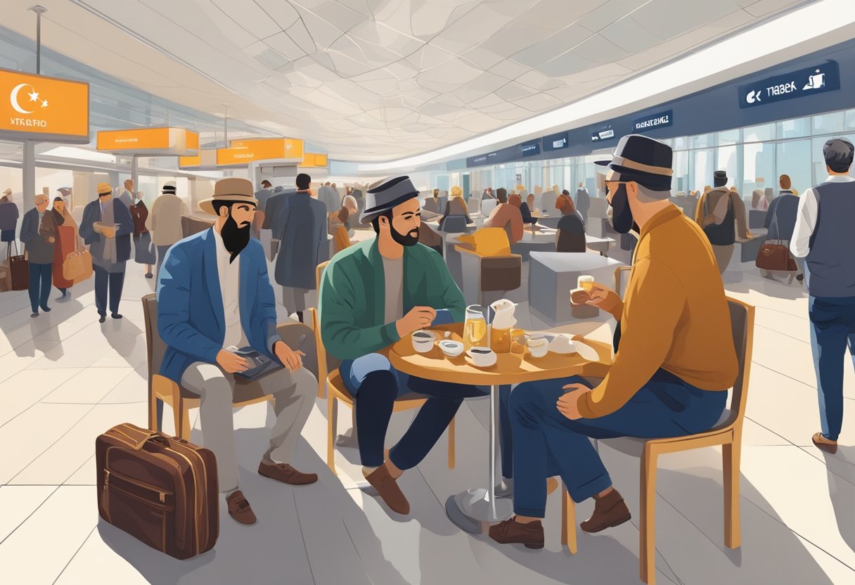 Passengers browsing Turkish artwork, sipping Turkish tea, and listening to traditional music in Istanbul Airport