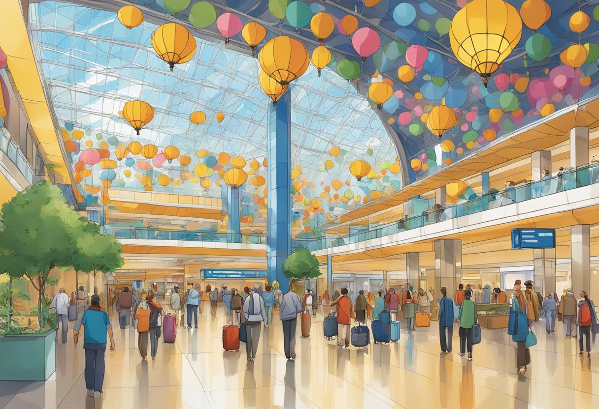 A bustling airport terminal with vibrant cultural exhibitions showcasing traditional Turkish art, music, and cuisine. Visitors engage in interactive displays and admire colorful displays