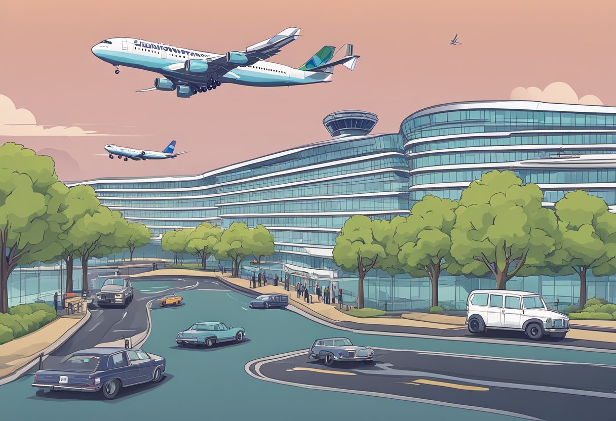 Airport hotels line the perimeter of Heathrow Airport, with planes taking off and landing in the background