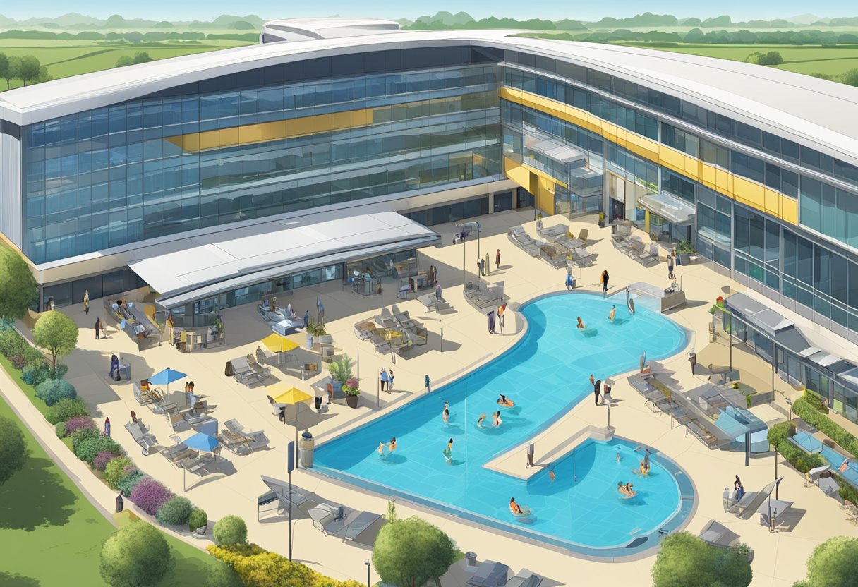 A sunny day at an airport hotel near Heathrow, with a shuttle bus, outdoor pool, and business center bustling with guests