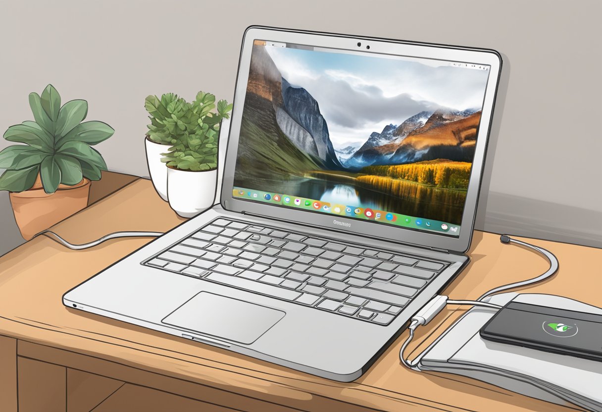 A Chromebook sits on a desk, with a charging cable plugged into the device and the wall. The screen displays a low battery warning