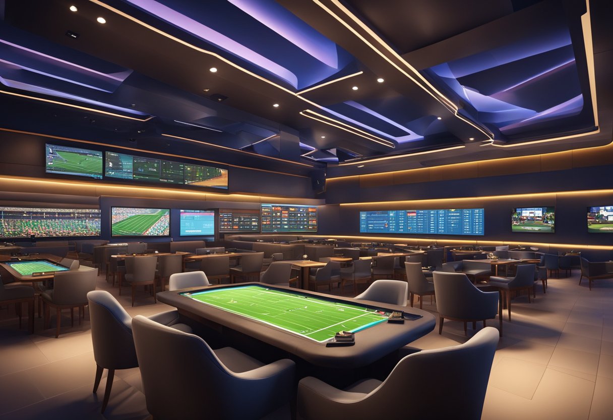 A sleek, modern sportsbook with digital screens displaying live games and odds. Comfortable seating areas and a vibrant atmosphere