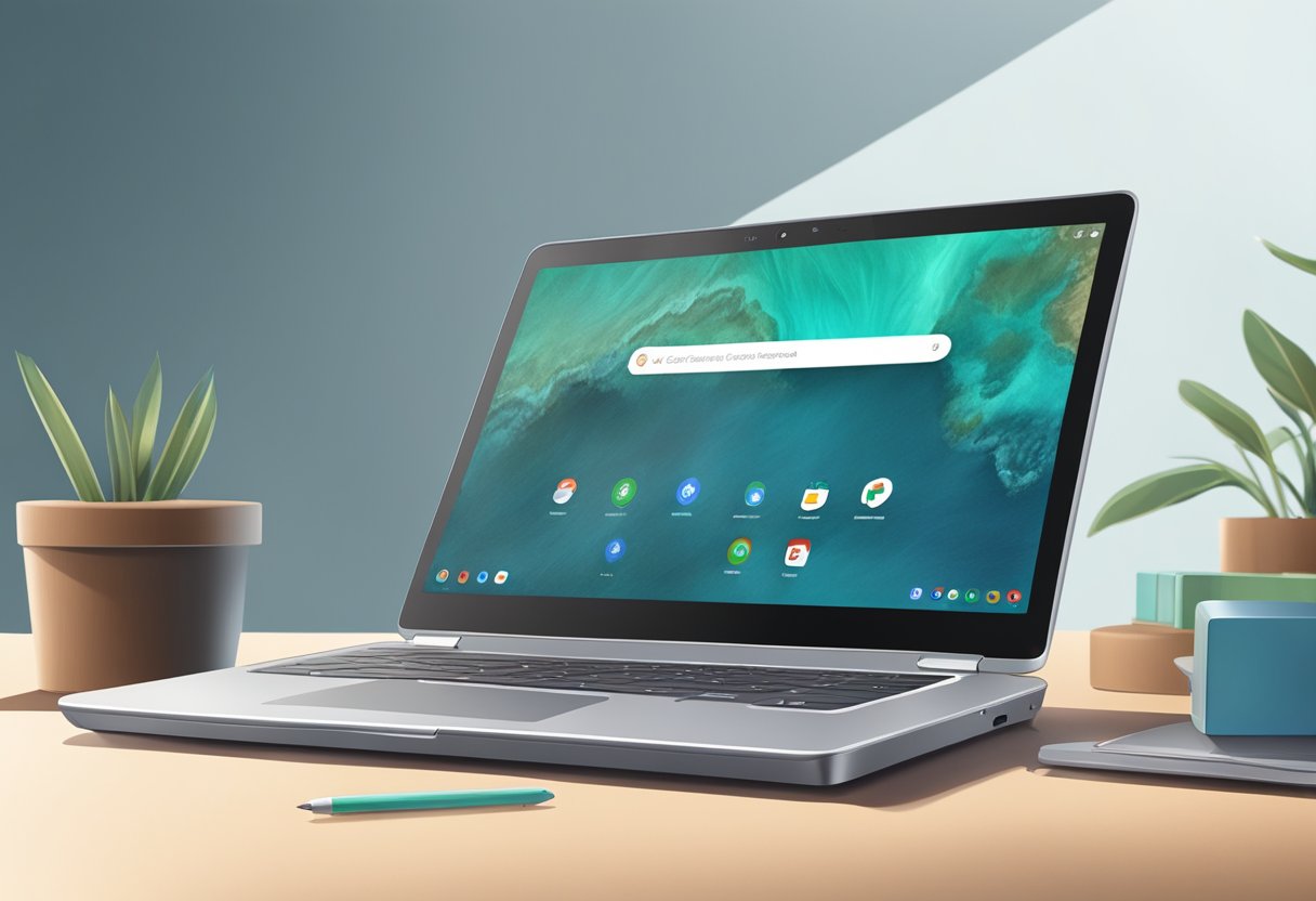 A closed chromebook on a desk, unresponsive to a user pressing the power button