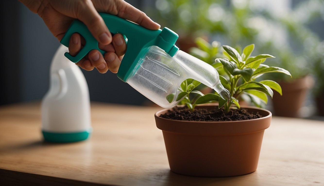 A hand holding a spray bottle, spraying the soil of a potted plant. A fly swatter nearby. A mesh cover over the plant to prevent flies