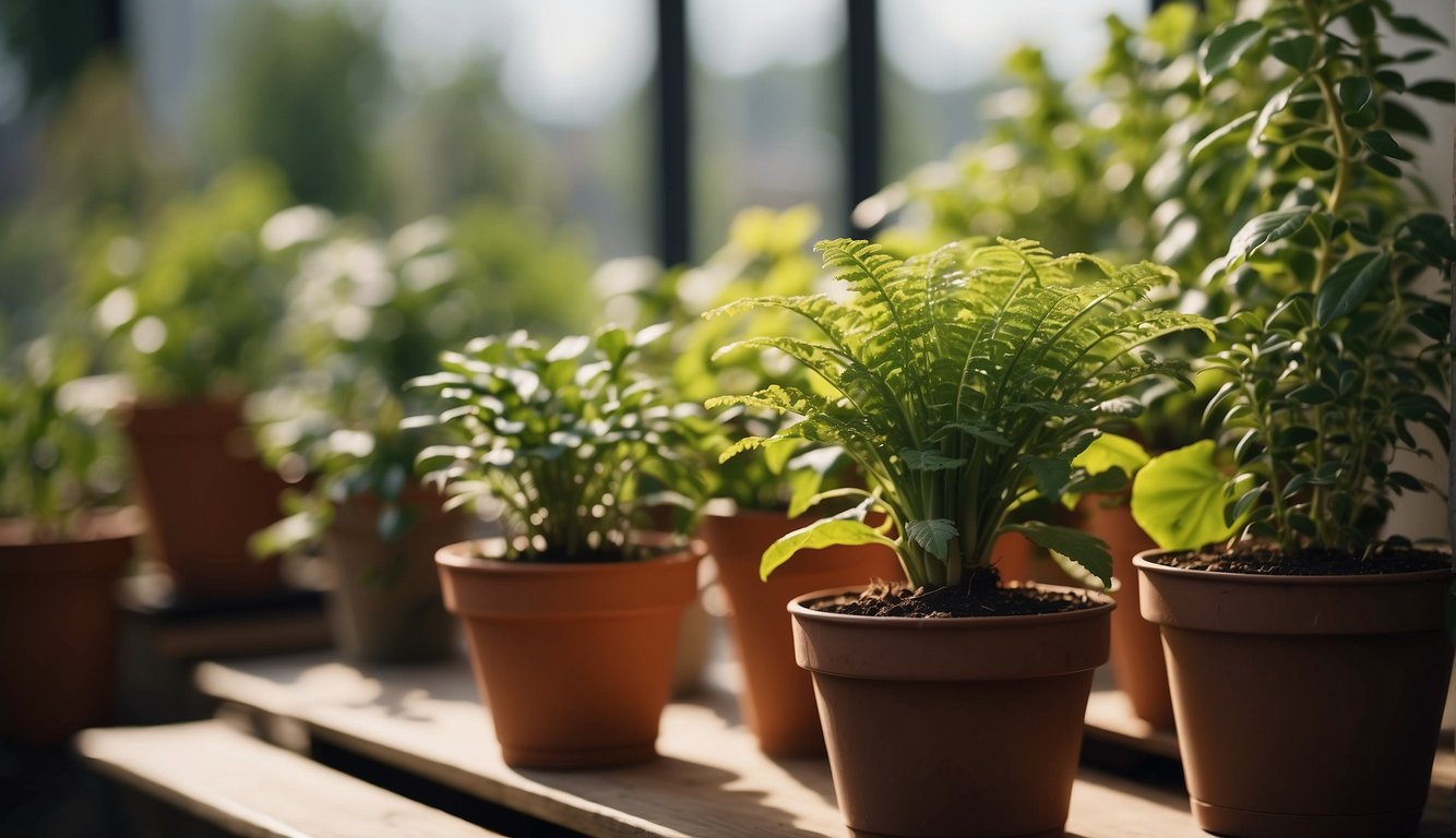 Potted plants surrounded by fly traps and natural repellents, with no flies in sight