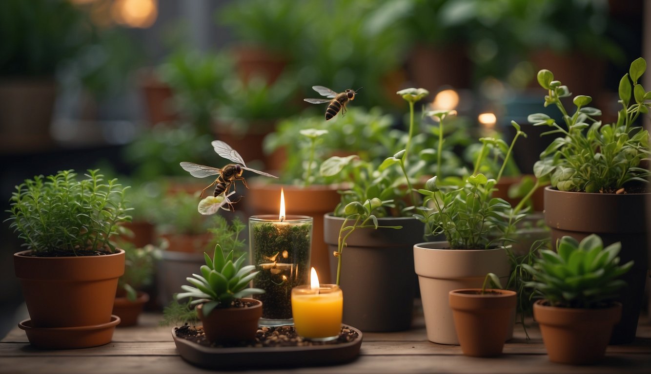 Potted plants surrounded by fly traps, sticky strips, and citronella candles. A person gently spraying plants with insecticidal soap