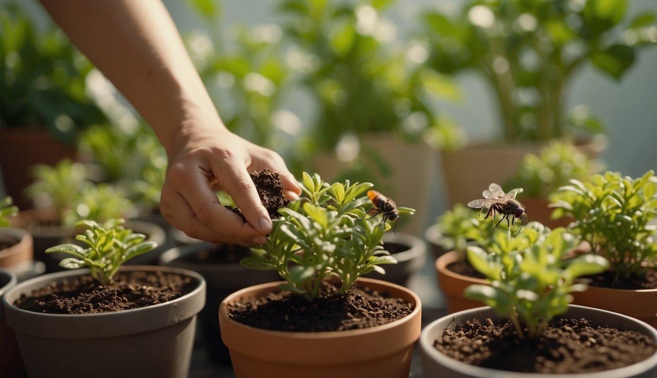 Potted plants infested with flies. A person removes the plants from their pots and inspects the soil for larvae. They then replace the soil and apply natural insect repellent to eliminate the flies