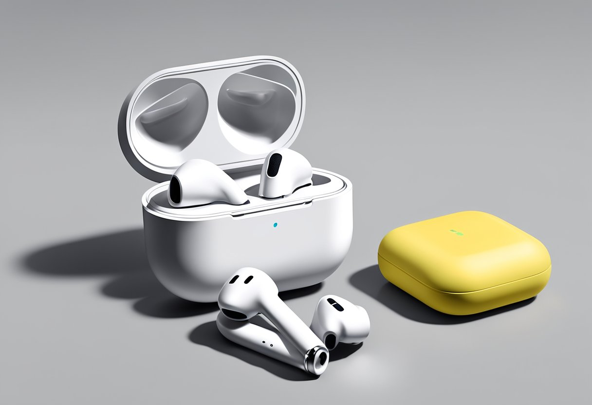 The AirPods case sits on a clean, white surface. A soft cloth and cleaning solution are nearby, ready to be used for cleaning