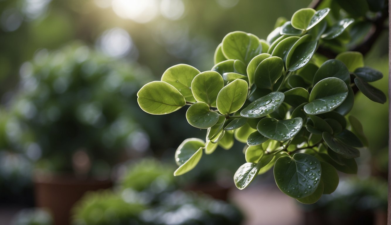 Jade leaves being delicately pruned and watered in a serene garden setting