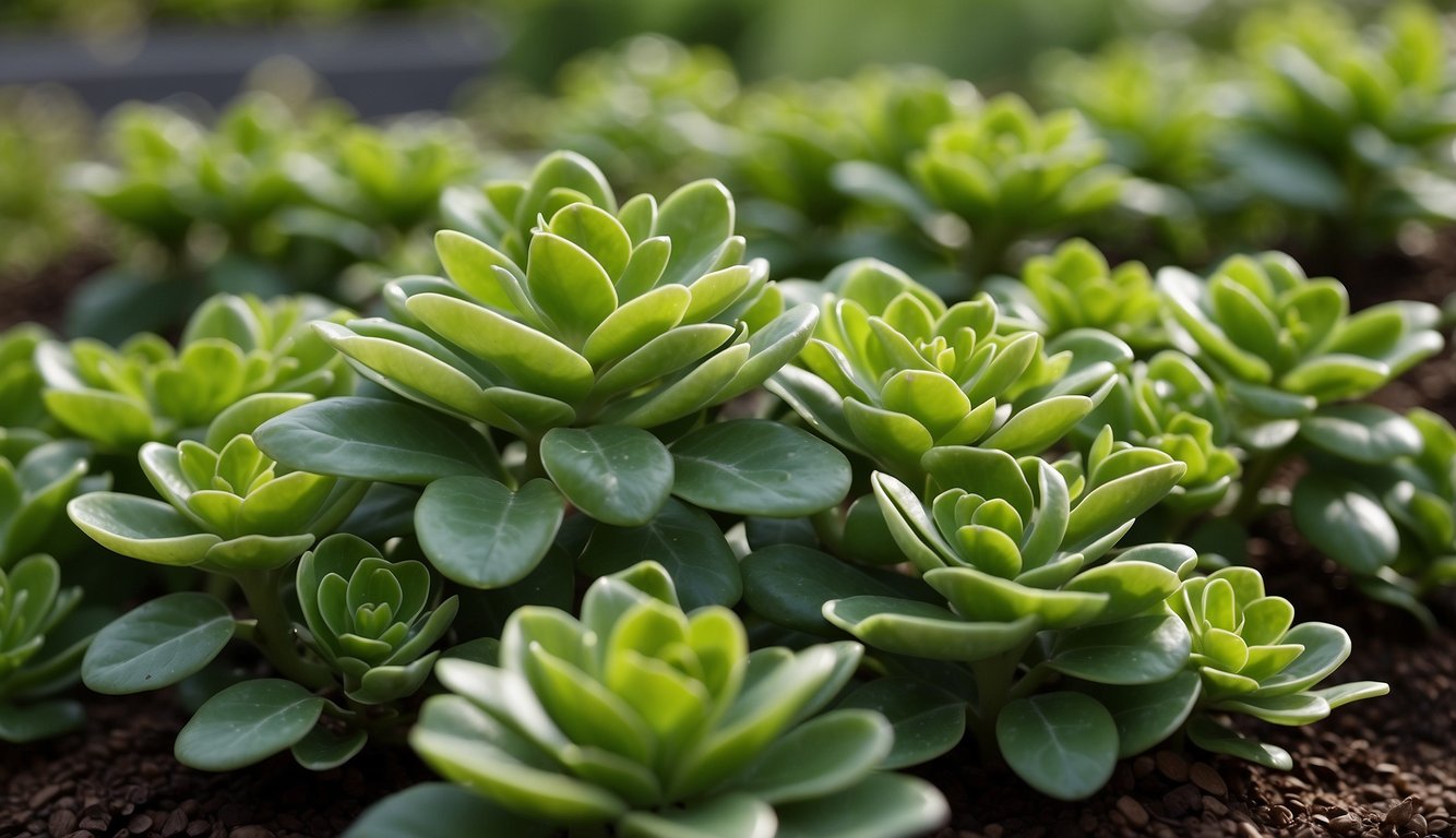 Lush jade plants arranged in a landscaped garden, their vibrant green leaves creating a striking visual display