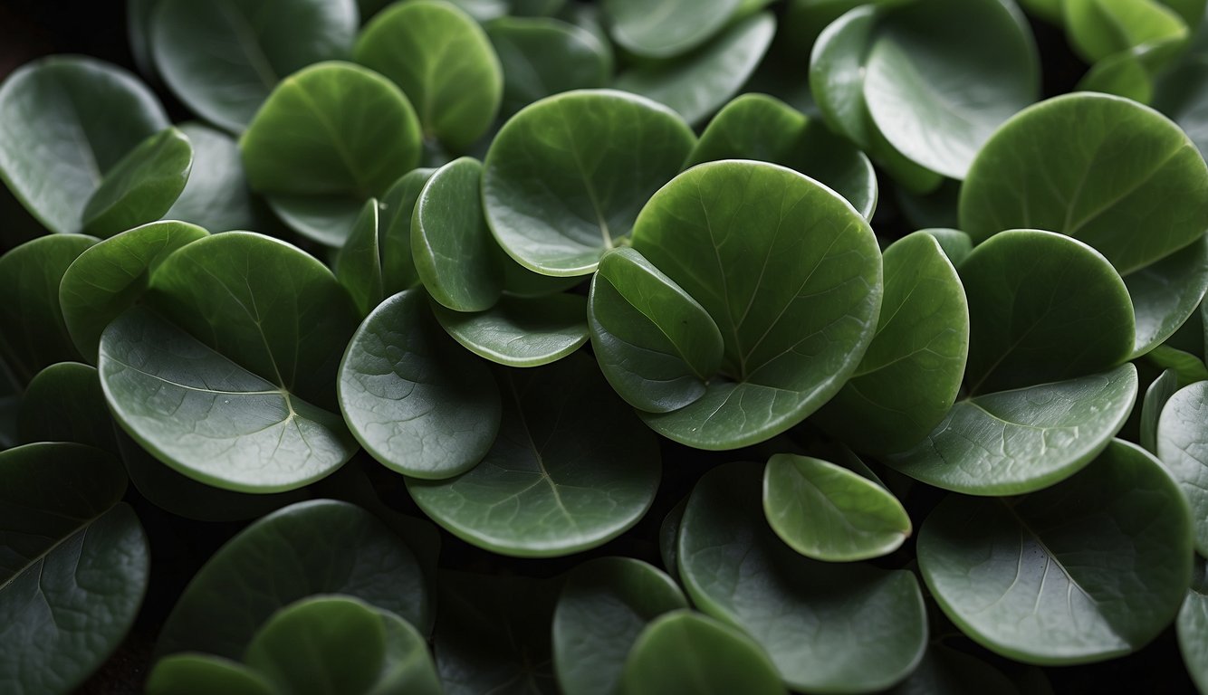 Vibrant green jade leaves arranged in a circular pattern, with a subtle sheen catching the light