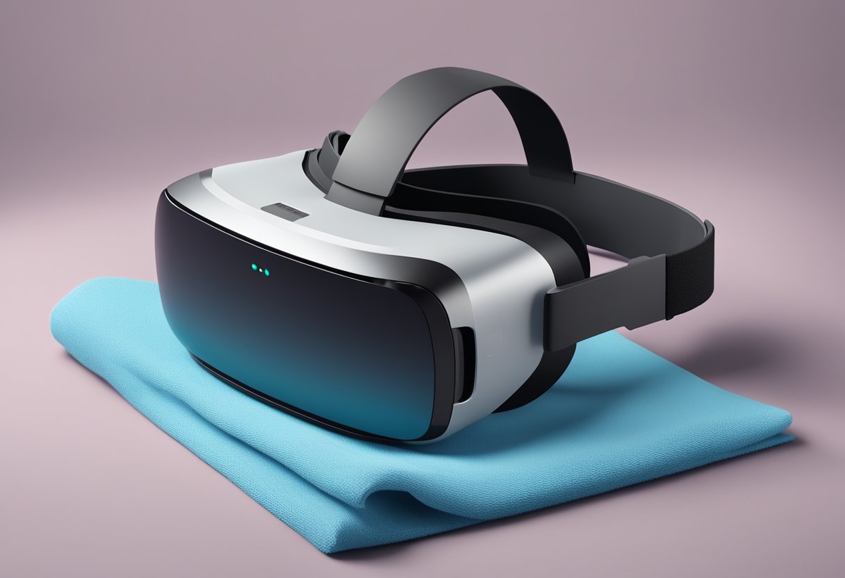 A VR headset is placed on a clean, flat surface. A damp cloth and gentle cleaning solution are nearby, ready to be used on the foam padding of the headset