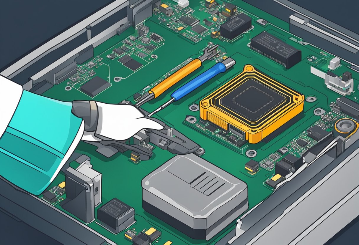 A hand holding a screwdriver removes the CMOS battery from the motherboard, resetting the BIOS settings