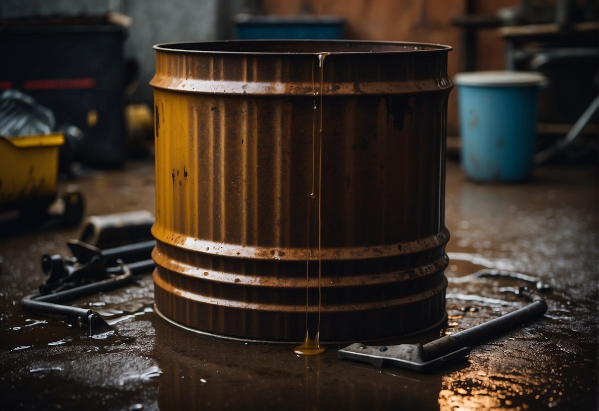 A rusted, leaking oil drum sits in a dimly lit garage, surrounded by discarded tools and grease stains