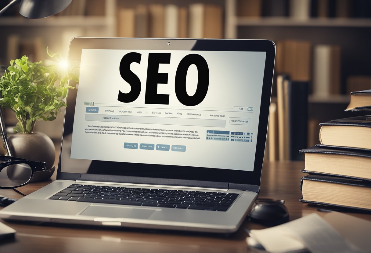 A laptop and a stack of books sit on a desk. A magnifying glass hovers over the laptop, highlighting the word "SEO" on the screen