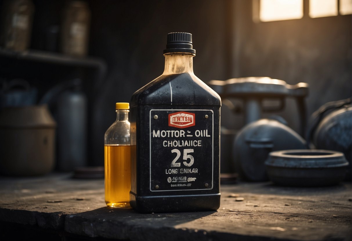 Motor oil sits in a dusty, dimly lit garage. A calendar on the wall shows a date long past. The oil container is covered in cobwebs, a clear sign of expiration