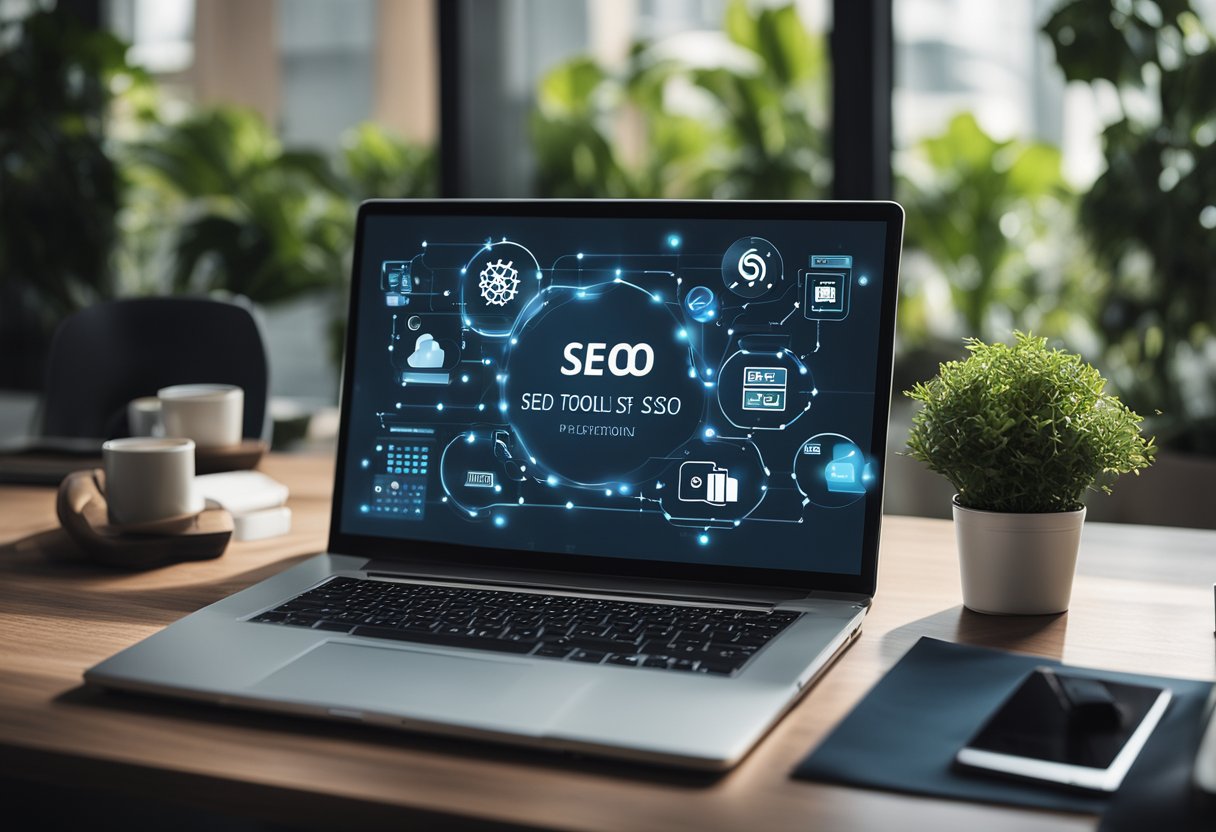 A computer screen displaying various SEO tools and software with a small business logo in the background