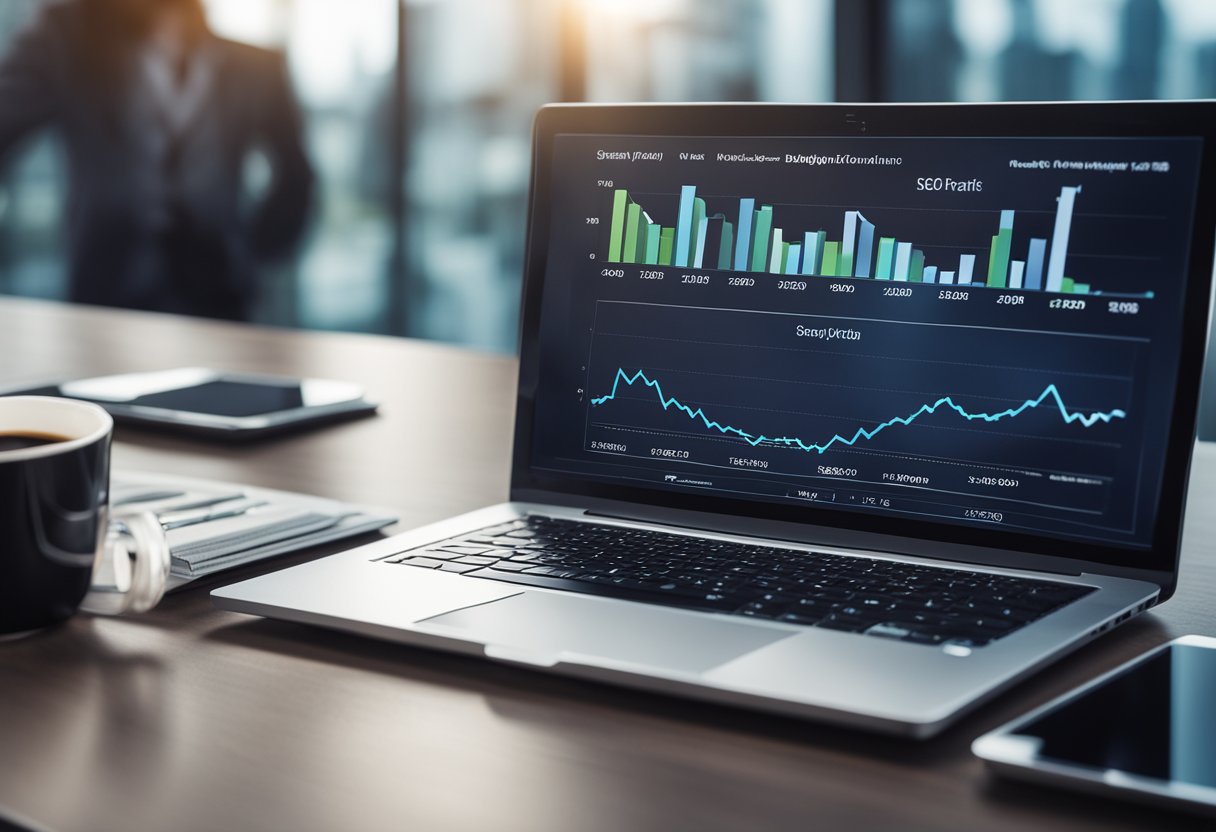 A laptop displaying SEO analytics charts and graphs, with a small business logo in the background