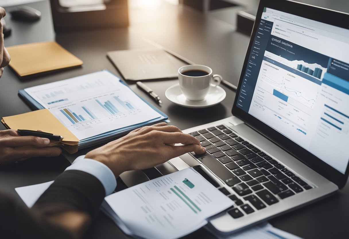 A small business owner reviews SEO budgeting and ROI data, with a laptop and financial documents on a desk