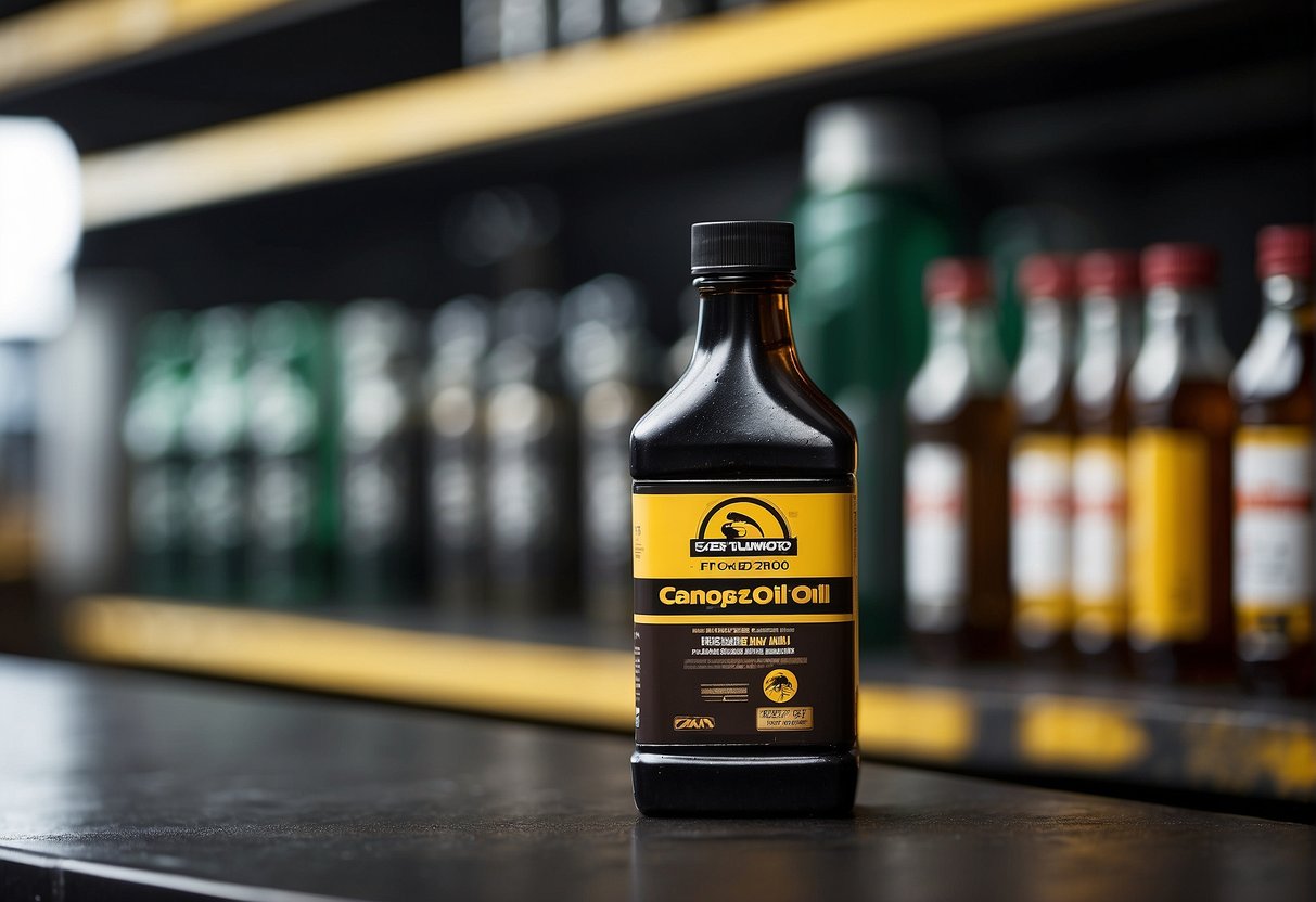 A bottle of engine oil sits on a dusty shelf, its label peeling and stained. The oil inside appears dark and thick, with a layer of sediment settled at the bottom