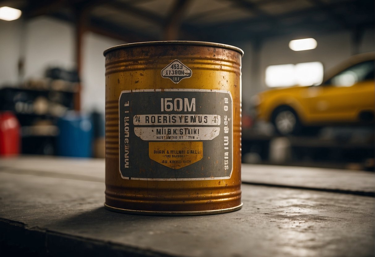 Engine oil in a rusty can, sitting on a dusty shelf in a dimly lit garage. The label is faded, and there are cobwebs in the corners