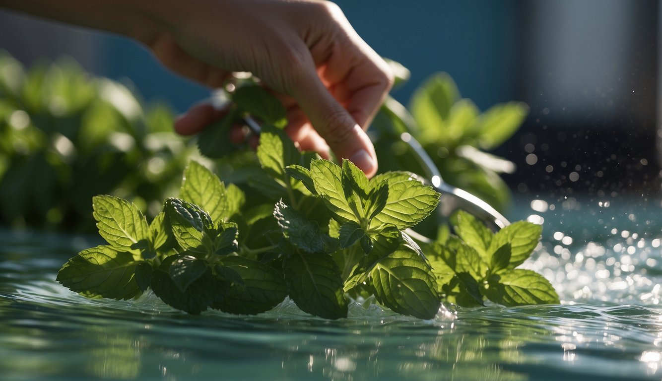 Mint stems being cut at a 45-degree angle, placed in water, and placed in a warm, sunny location
