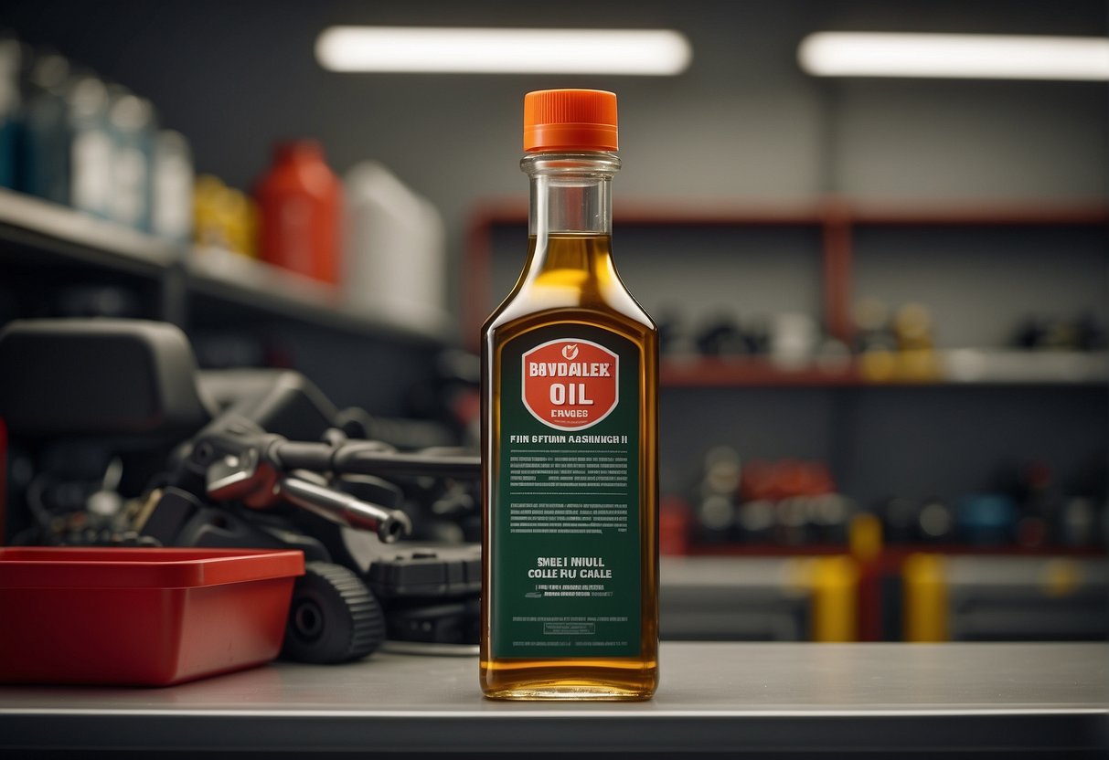 A bottle of engine oil sits on a shelf, surrounded by various automotive tools and parts. The label on the bottle indicates the oil's expiration date, emphasizing its shelf life