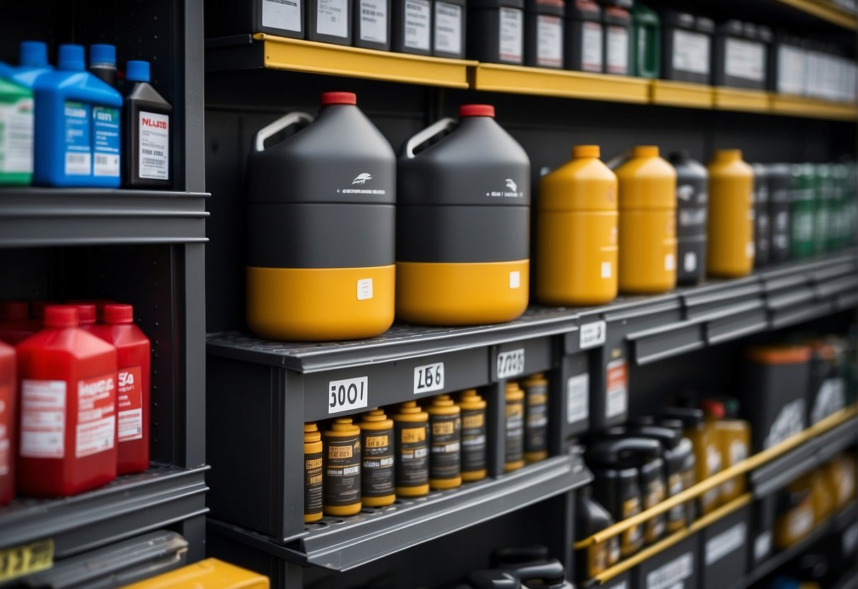 A clean, organized garage shelf displays various engine oil containers, labeled with expiration dates. A car engine sits nearby, ready for an oil change
