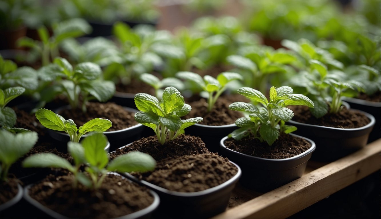 Lush green mint plants sprawl across fertile soil, with cuttings being carefully propagated in small pots. Various mint varieties are labeled, hinting at their diverse uses