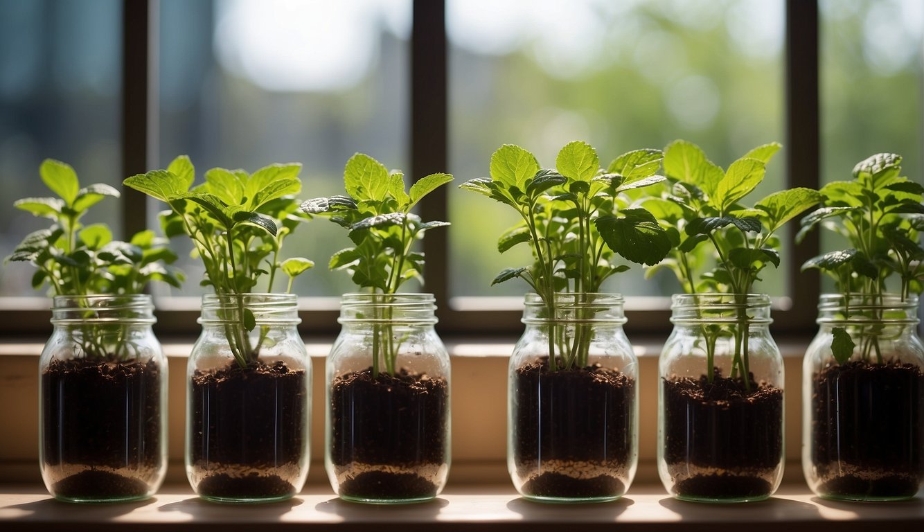 Mint cuttings placed in water jars on a sunny windowsill, with small roots beginning to form and new leaves sprouting