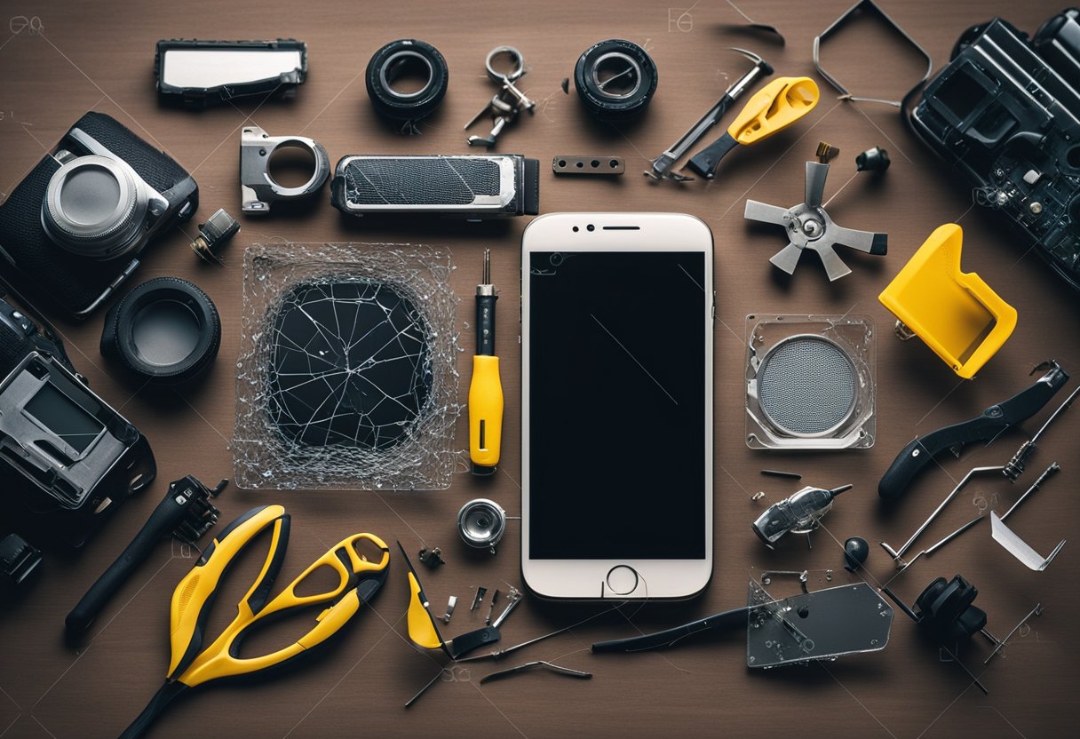 A cracked cell phone screen lies on a table, surrounded by tools and a replacement screen