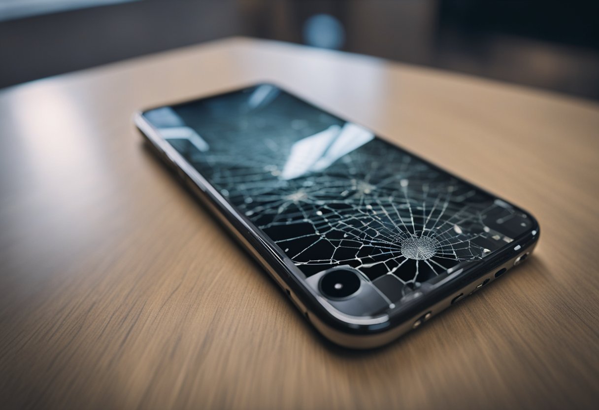 A cracked cell phone screen lies on a table. A hand hovers over it, contemplating repair