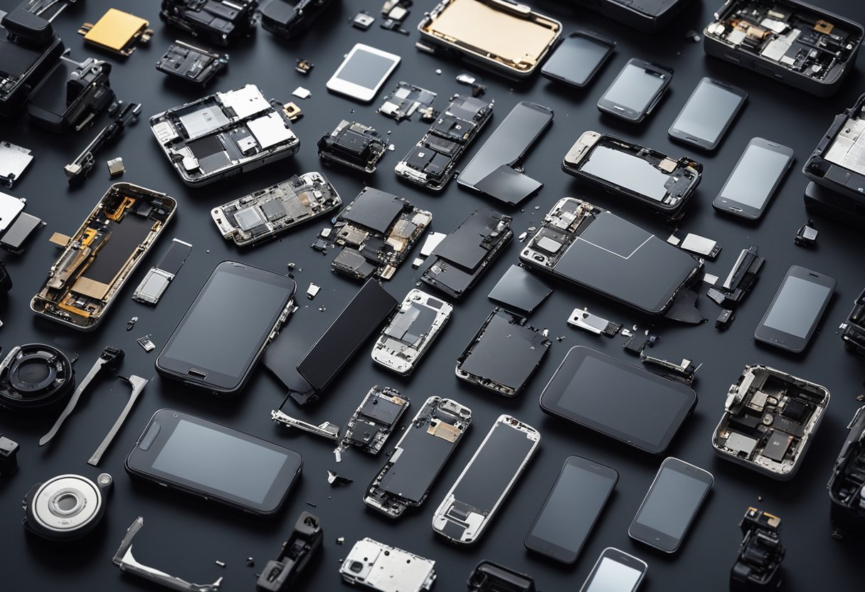 Various broken cell phones lay scattered on a workbench, displaying cracked screens and damaged components. Tools and replacement parts are organized nearby