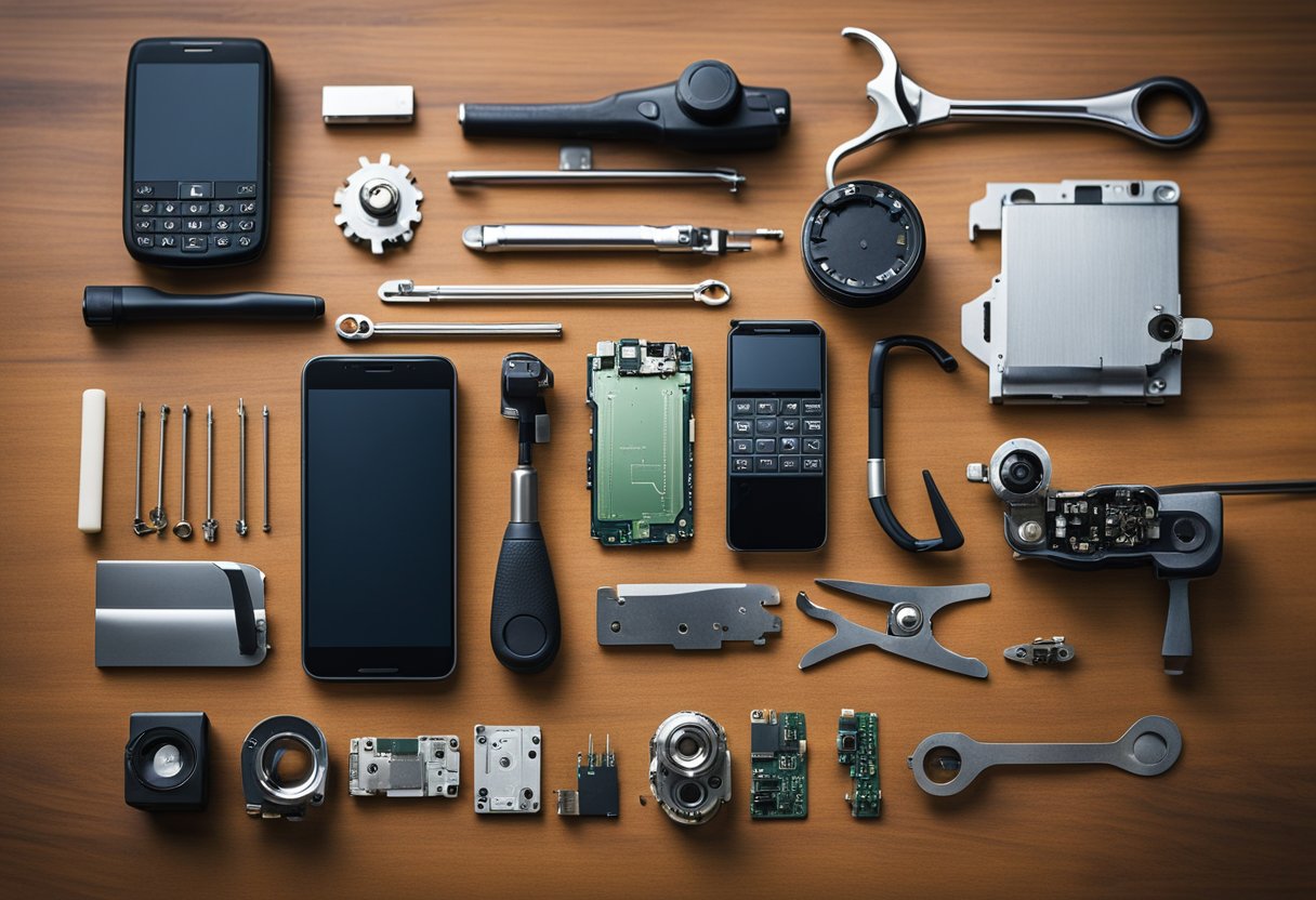 A table with various cell phone parts and tools for repair, along with a list of common repair issues and preventive measures