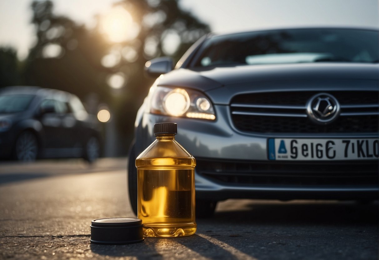 A car sits idle, engine oil canister nearby. Without oil, the car fails to start, highlighting the importance of engine oil for vehicle operation